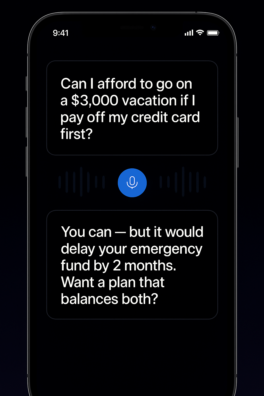 Voice assistant interface showing financial questions