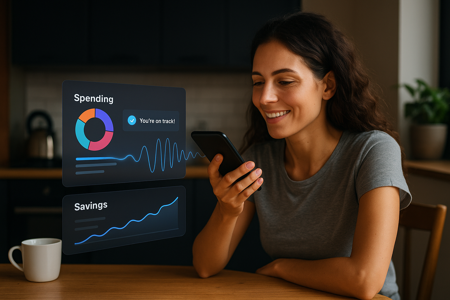 Young woman using DSQRD app showing financial insights